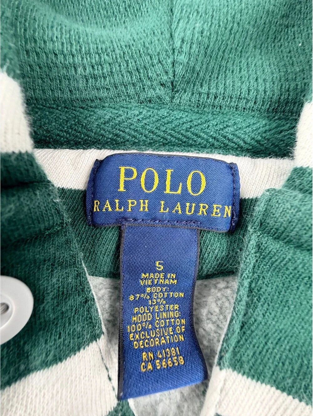 Polo Ralph Lauren Boys Hoodie Pullover Sweatshirt Size 5 Green White Striped